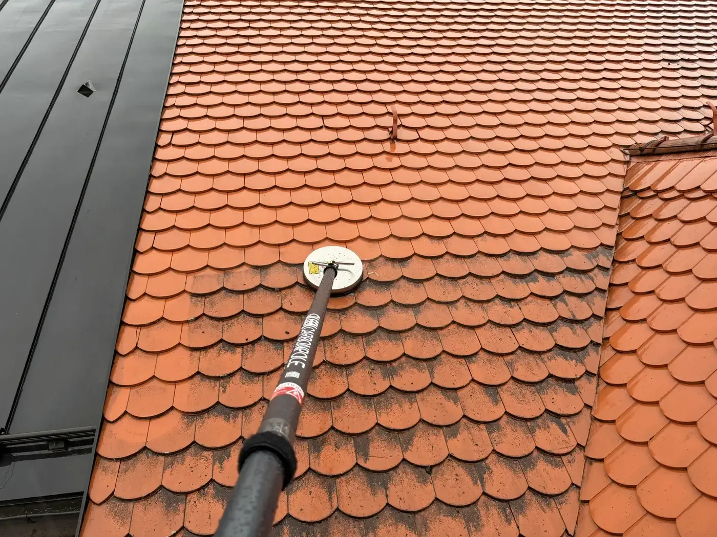 Dachreinigung mit Flächenreiniger an der Carbon-Teleskopstange